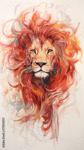 Portrait of a fiery lion painted in watercolor.