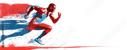 Running Olympic athlete on white background. Olympic Games. Black man athlete. The colors of the French flag are blue, white, and red. Watercolor effect.
