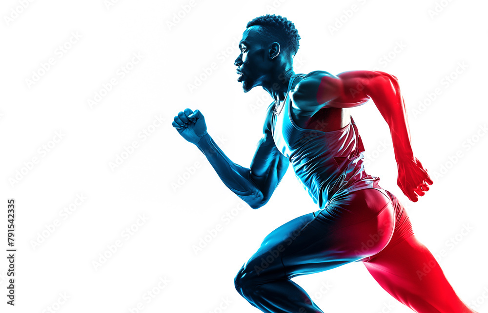 Obraz premium Running Olympic athlete on white background. Olympic Games. Black man athlete. The colors of the French flag are blue, white, and red.