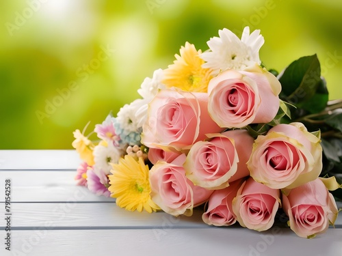 bouquet of roses on wooden table with copy space