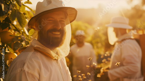 A man in a beekeeper's hat smiles and poses for a photo. He is surrounded by wasps and other people