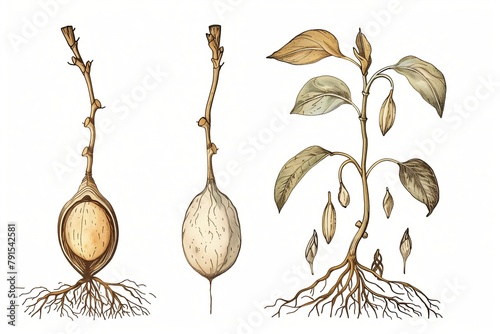 a diagram illustrating the anatomy of a germinating seed, focusing on the growth of the radicle, hypocotyl, and epicotyl. photo