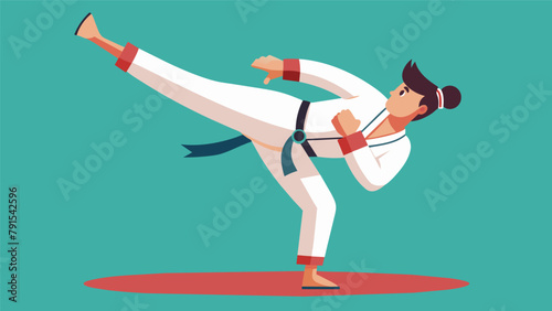 Using their leg a skilled martial artist blocks a high kick aimed at their head.