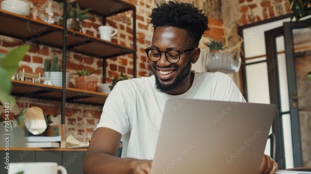 A man is smiling while using a laptop in a room with a brick wall A man is smiling while using a laptop in a room with a brick wall