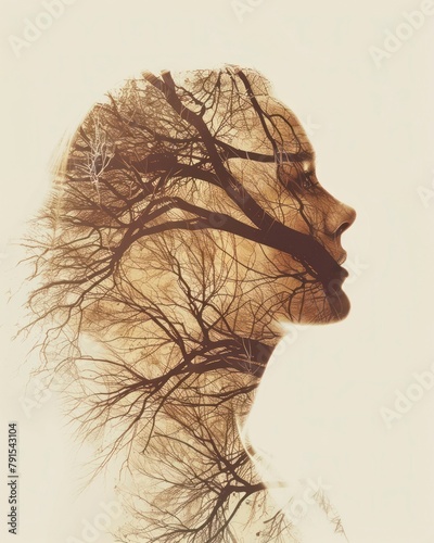 Double exposure illustration of a woman with nature background