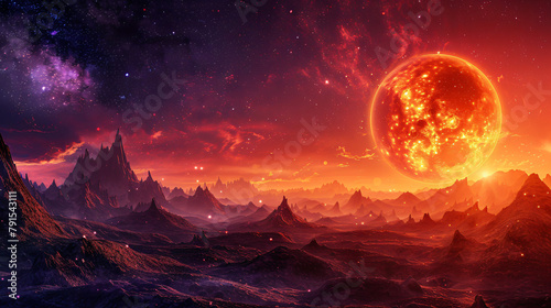 Landscape in fantasy alien planet with flaming moon
