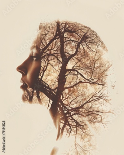 Double exposure illustration of a woman with nature background