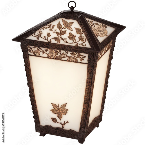 Wood lantern with an etched floral and leaf motif on the glass panels