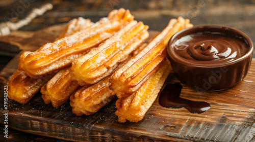 Traditional Spanish dessert churros with  chocolate dipping sauce on black wooden tray, top view flat lay with space for text, copyspace