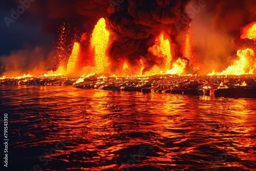 Fiery molten lava meets the cool water of the ocean, creating a spectacular and awe-inspiring scene.