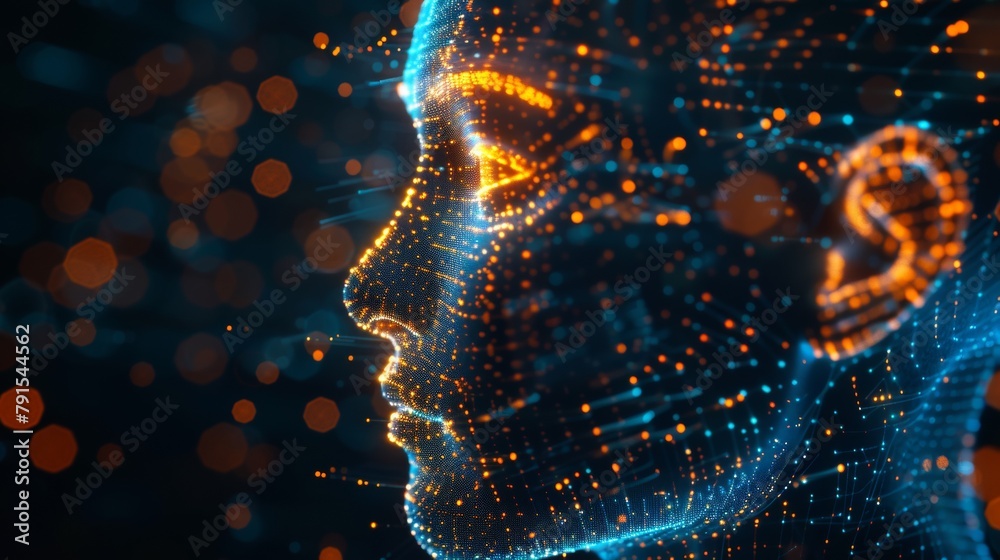 A futuristic image of a woman's face with glowing dots, AI A futuristic image of a woman's face with glowing dots, AI