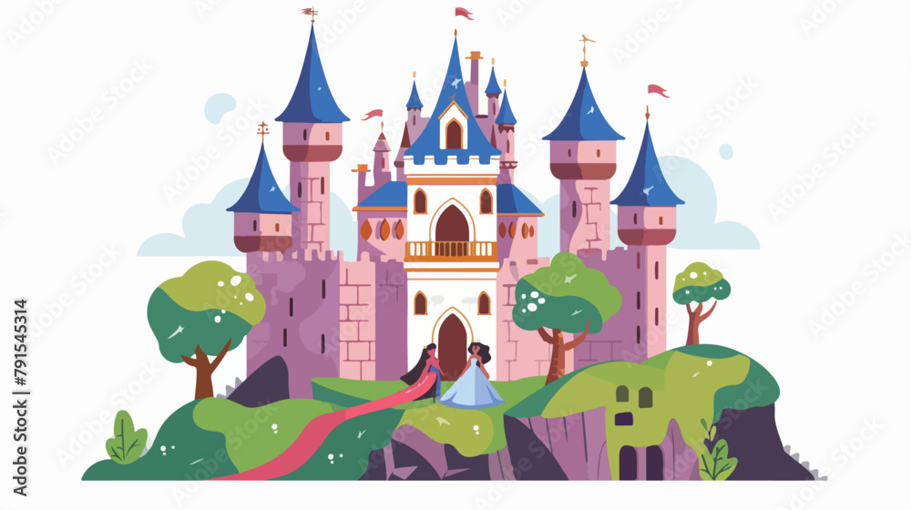 Princess on the balcony of a medieval castle. Flat vector