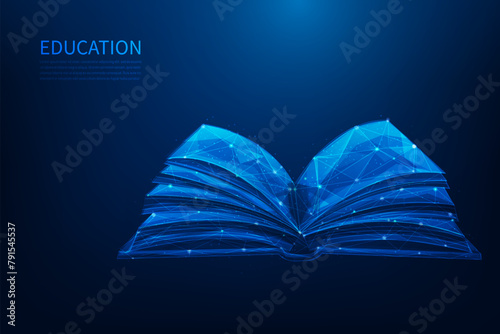 3d open book, education and knowledge on blue background. online learning digital low poly wireframe. vector illustration fantastic design.