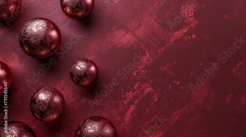 Abstract geometric background with large 3d shapes, dark red or marsala color backdrop with metal textured balls and copy space, AI generated image