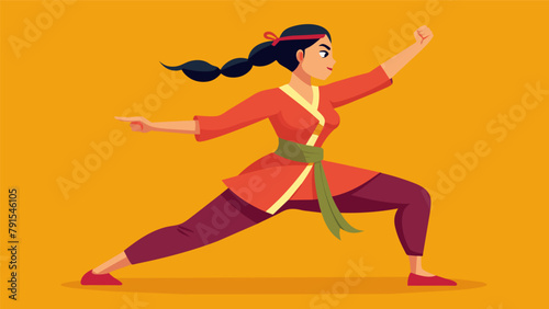 A woman gracefully performs a series of intricate movements in a martial arts demonstration showcasing the physical strength and discipline she