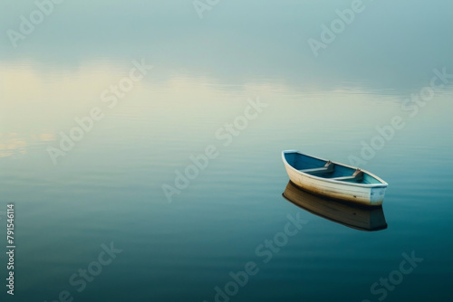 A small boat is floating alone on a calm lake, with no other distractions in the frame, emphasizing the sense of solitude and tranquillity.  photo