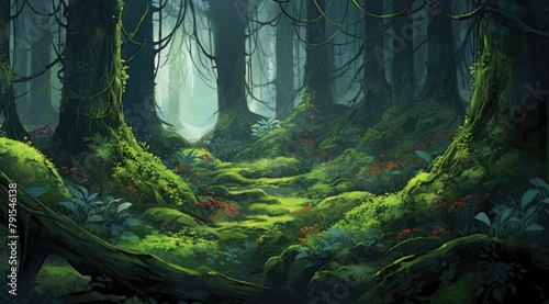 Mystical forest glade with lush emerald moss and ethereal sunlight filtering through photo