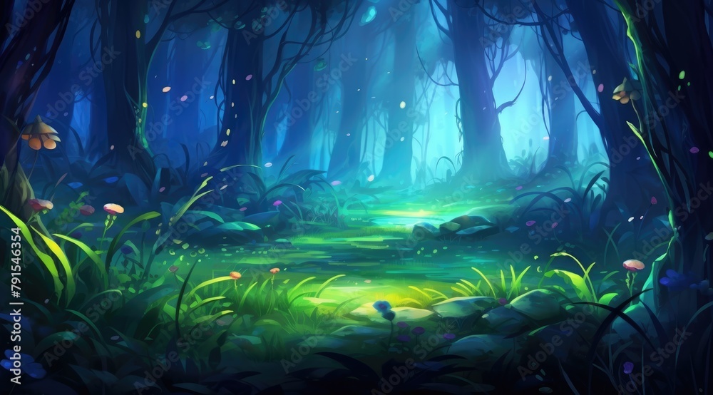 Enchanted forest glade aglow with twilight fireflies and emerald hues