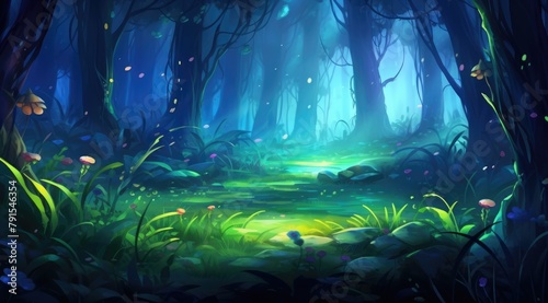 Enchanted forest glade aglow with twilight fireflies and emerald hues