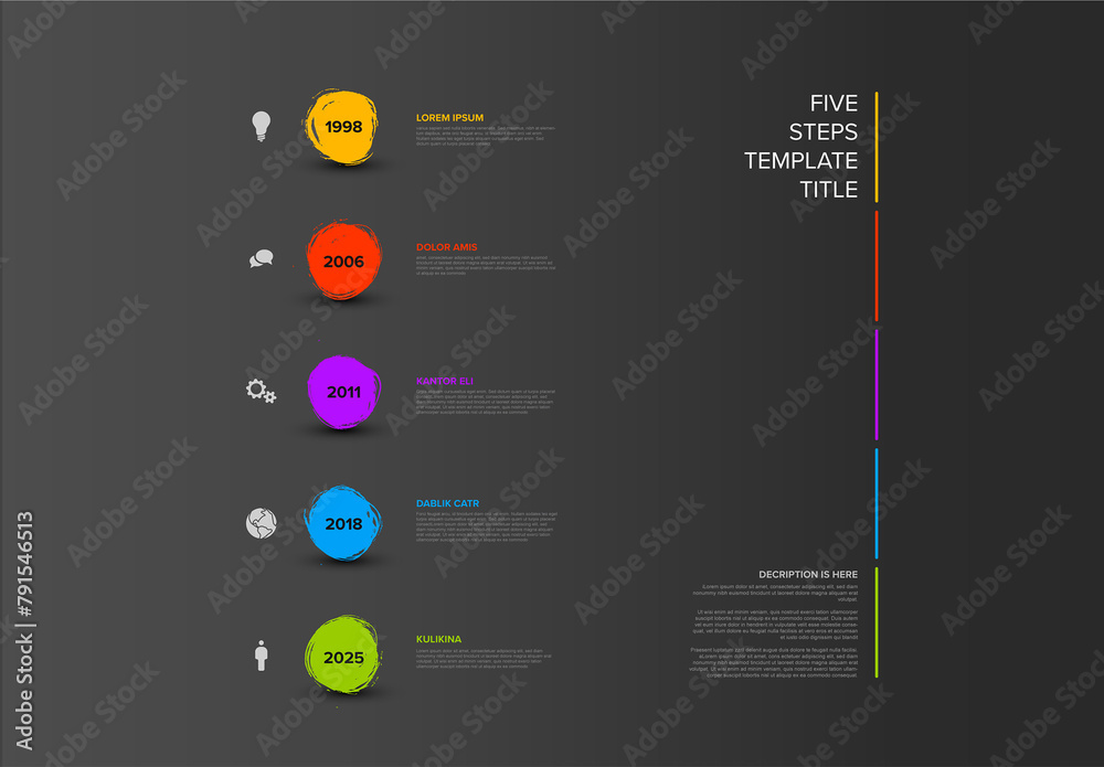 infographic dark vertical timeline template design... Dark infographic vertical timeline template with five brush circle ...