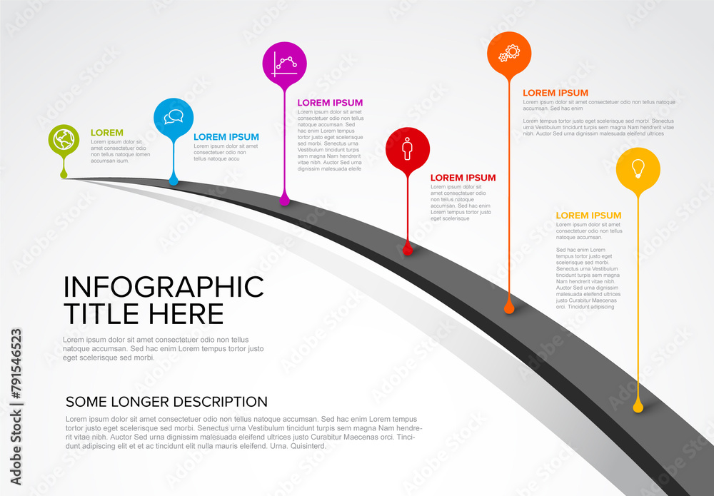 Droplet pointers on the bridge path with icons and description - multipurpose timeline infographic template