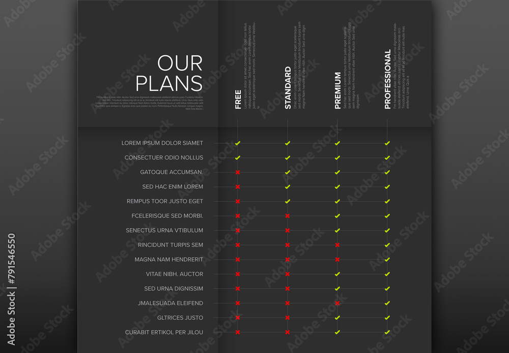 Product subscription plan versions with functionality feature options list on dark papers