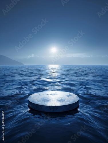 Blue Platform in Center of Sea with Futuristic Background