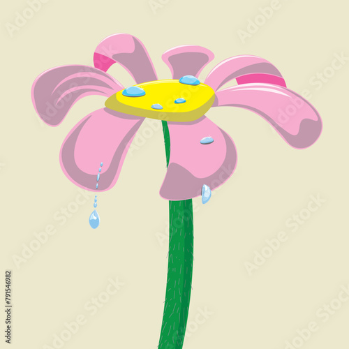 Vector illustration of a flower with a yellow center, pink petals and dew drops. Dew on flower, petals, pollen.