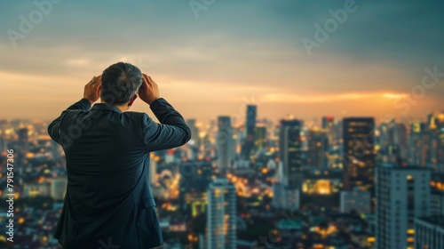 a business person looking at a city skyline, reflecting on potential market expansion