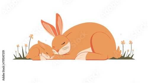 Rabbit mother and cute baby bunny sleeping together.