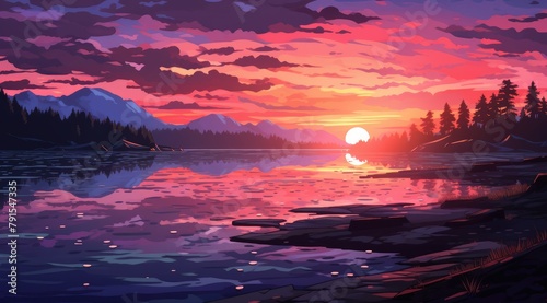 Serene lake at sunset with vibrant crimson skies and mountain backdrop