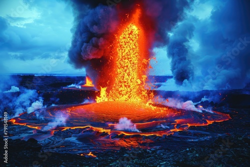 Impressive volcanic eruption with bright orange lava flow and smoke plume at night