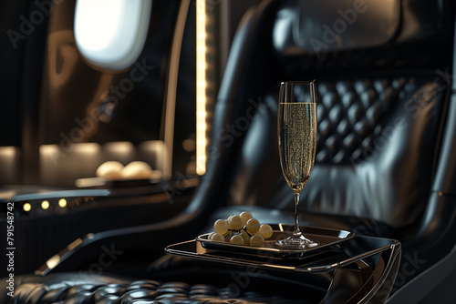 elegant photograph showcasing a luxurious business class seat with a tray table adorned with a glass of champagne, evoking sophistication and comfort in air travel, against a backd