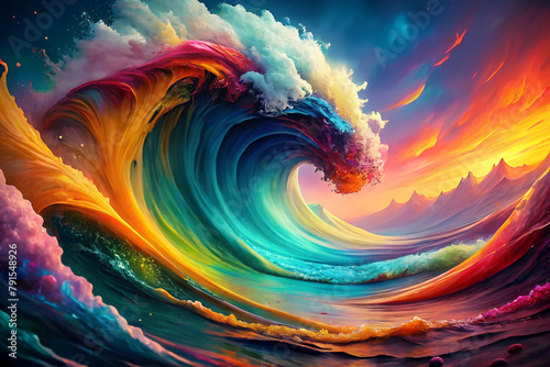 Close up of a colorful painting of a wave of color. Amazing colorful background, Vibrant digital painting.