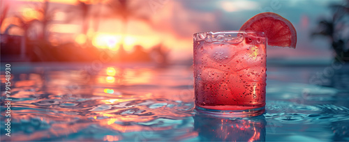 Cocktail sulla piscina, estate, tramonto, arancia photo