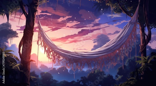 Hammock haven under a celestial canopy at sunset