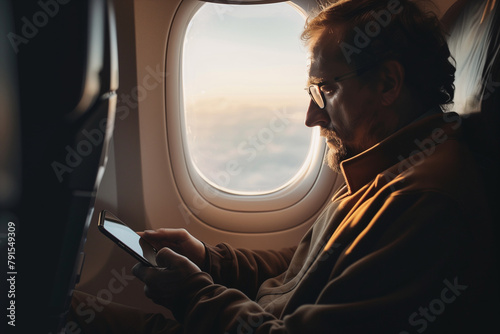 man's reliance on his mobile phone while traveling by plane, emphasizing the convenience and connectivity it provides, against the backdrop of the aircraft's window view. © forenna