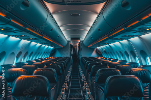 peaceful atmosphere of an empty passenger aircraft interior, with rows of unoccupied seats and spacious aisles, against the backdrop of the aircraft's sleek and modern design.
