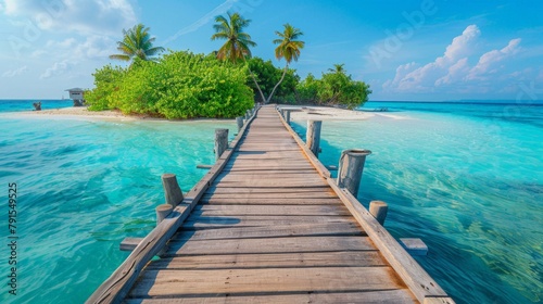 A wooden pier leading to a small island in the middle of the ocean