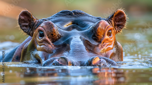 An extreme close-up shot captures the majesty of an African hippopotamus as it swims gracefully in the river. The focus is on its expressive eyes and powerful snout, highlighting the intricate details © Art