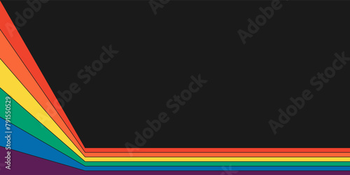 Retro rainbow color striped path horizontal banner. Geometric hippie rainbows perspective flow print. Vintage hippy abstract spectral iridescent stripes. Trendy minimal y2k colorful pop art. Vector
