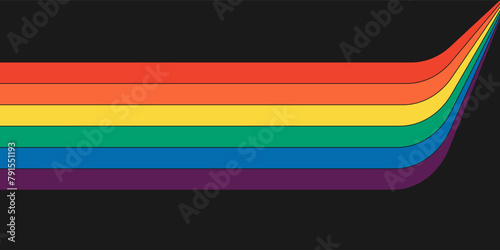 Retro rainbow color striped path horizontal banner. Geometric hippie rainbows perspective flow print. Vintage hippy abstract spectral iridescent stripes. Trendy minimalistic y2k colorful pop art. Eps