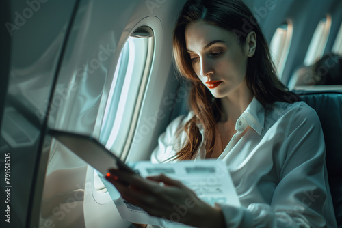 businesswoman focused on her tasks, reading documents and working on a digital tablet while traveling by plane, illustrating her dedication to success, against the backdrop of the photo