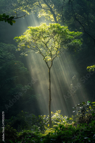 A lone tree standing tall amidst a dense forest  with soft sunlight filtering through the leaves  creating a tranquil and minimalist scene. 