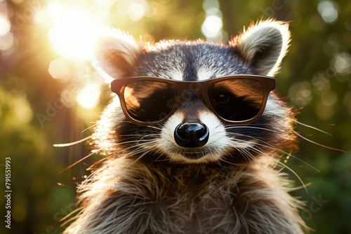 A cool raccoon embracing the sun with its sunglasses, radiating a relaxed and carefree aura.