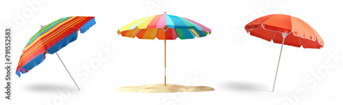 Colorful beach umbrella are open and sitting, isolated on the white or transparent background