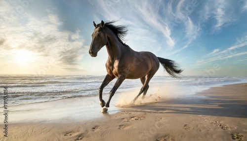 a beautiful full length horse running on the beach at dawn