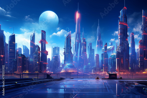 Neon city capital towers with futuristic technology background cyber punk photo