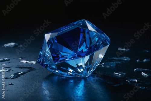 Stunning blue diamond on black reflective surface with shards