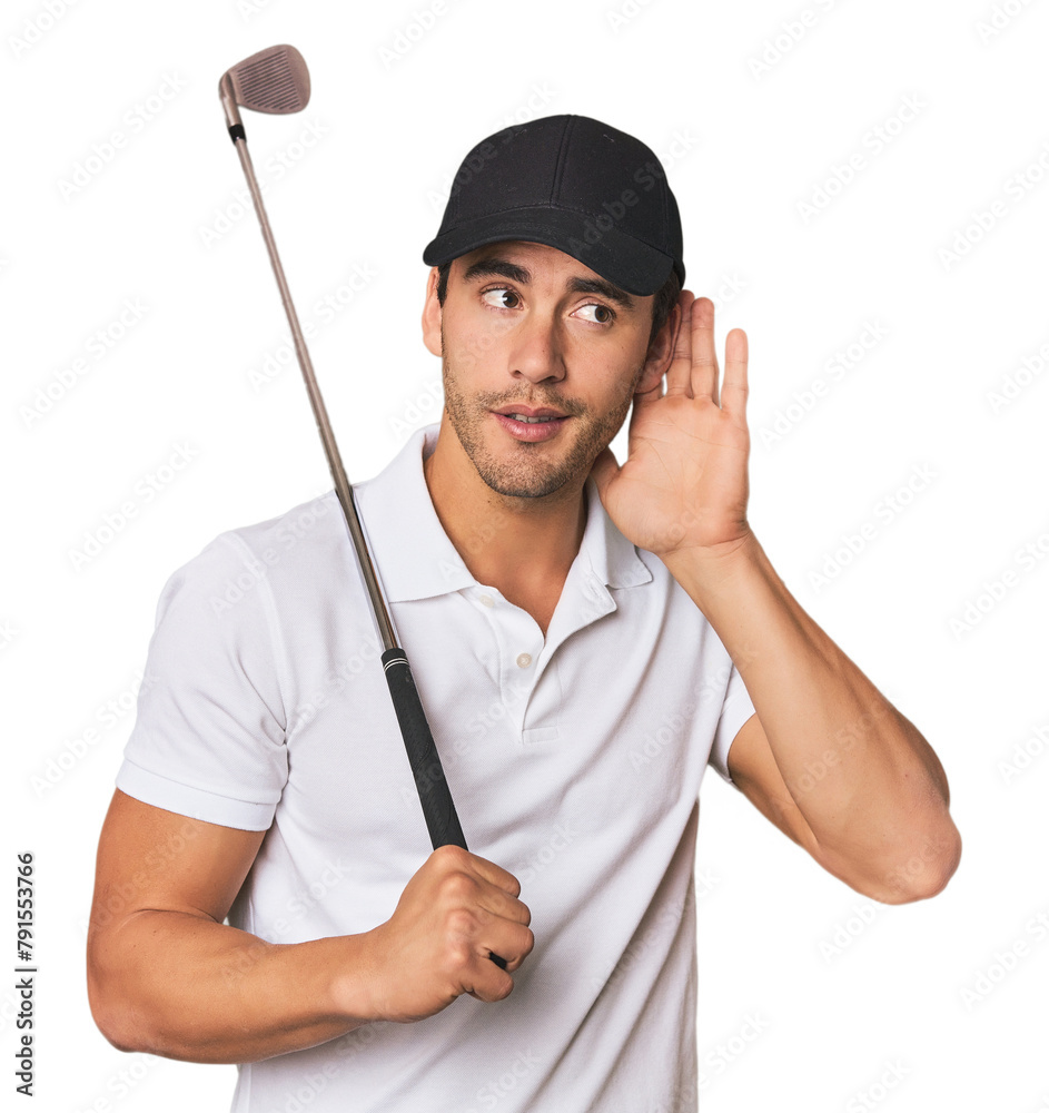 Young Hispanic man with golf club trying to listening a gossip. Young Hispanic man with golf club trying to listening a gossip.